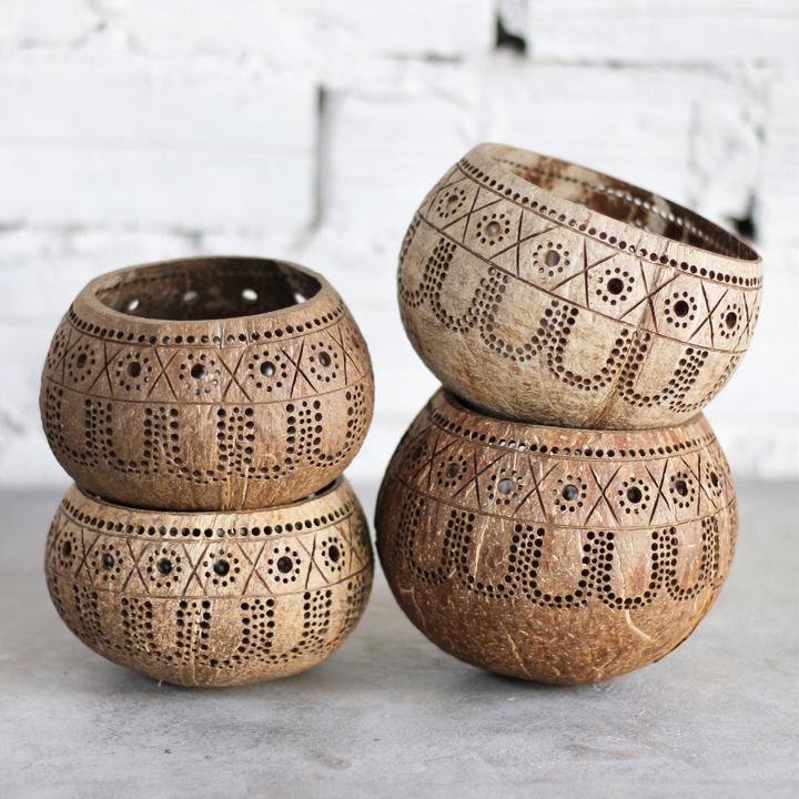 Hand Carved Coconut shell Candle Holder - Eco-Friendly Gifts (Tropical)
