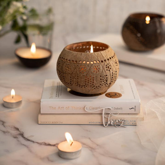 Hand Carved Coconut shell Candle Holder - Eco-Friendly Gifts (Tropical)