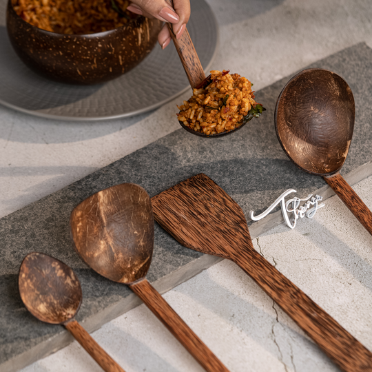 Traditional coconut shell & wood cooking Spoon Set